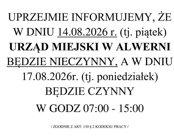 14 sierpnia Urząd będzie nieczynny