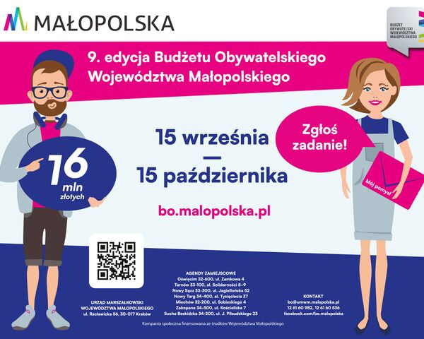 16 mln złotych czeka na Wasze pomysły! Trwa nabór zadań do 9. edycji Budżetu  Obywatelskiego Województwa Małopolskiego.