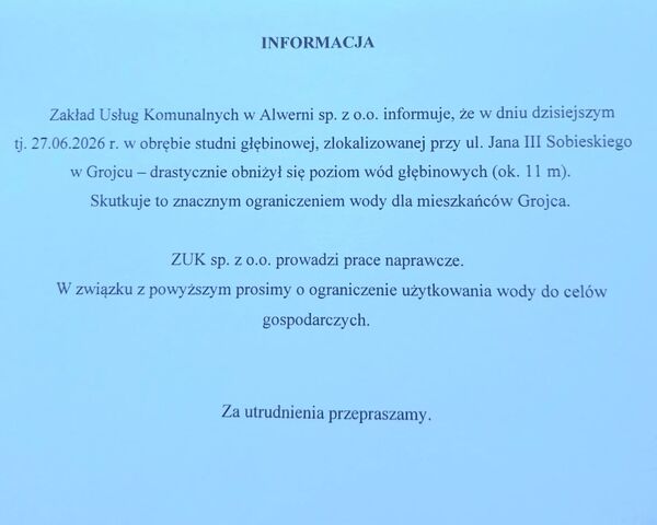 Ważna informacja dla Mieszkańców Grojca
