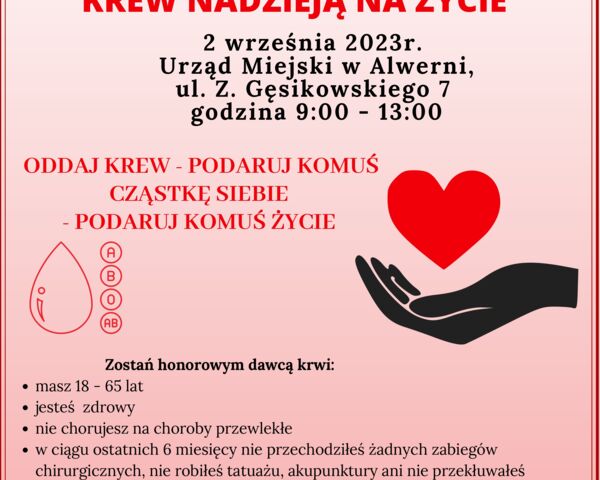 Już w najbliższą sobotę, 2 września nasza sztandarowa akcja "Krew nadzieją na życie"!