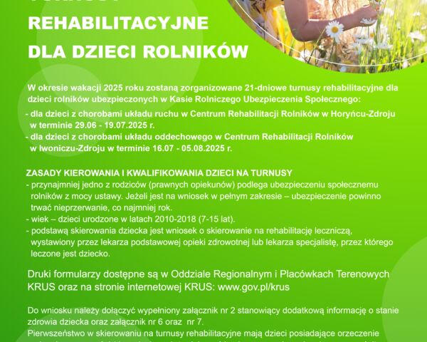 21- dniowe turnusy rehabilitacyjne dla dzieci rolników ubezpieczonych w Kasie Rolniczego Ubezpieczenia Społecznego