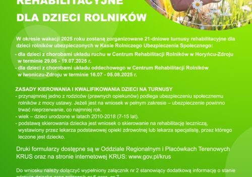 21- dniowe turnusy rehabilitacyjne dla dzieci rolników ubezpieczonych w Kasie Rolniczego Ubezpieczenia Społecznego