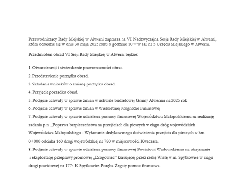Przewodniczący Rady Miejskiej w Alwerni zaprasza na VI Nadzwyczajną Sesję Rady Miejskiej w Alwerni