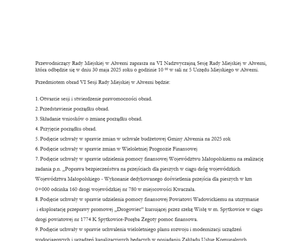 Przewodniczący Rady Miejskiej w Alwerni zaprasza na VI Nadzwyczajną Sesję Rady Miejskiej w Alwerni